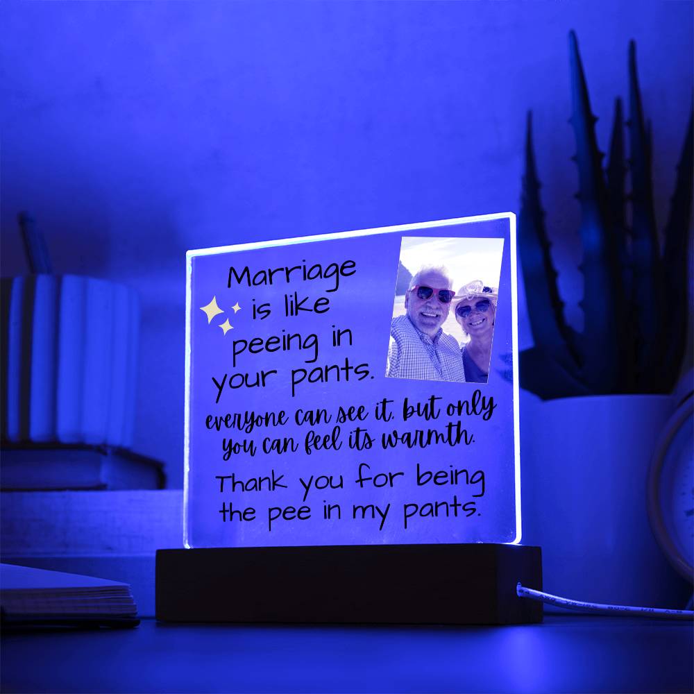 Marriage Is Like Peeing In Your Pants - Custom Acrylic w/ LED Light Wood Stand - AC36