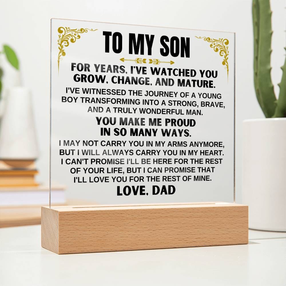 Unique Gift for Son from Dad - Acrylic Plaque with LED-Lit Wooden Base - AC35D