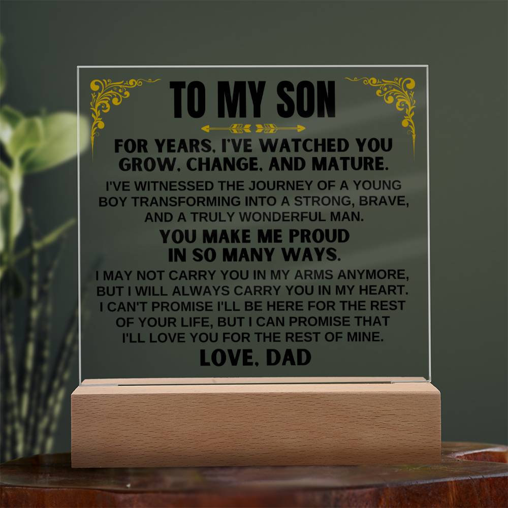 Unique Gift for Son from Dad - Acrylic Plaque with LED-Lit Wooden Base - AC35D
