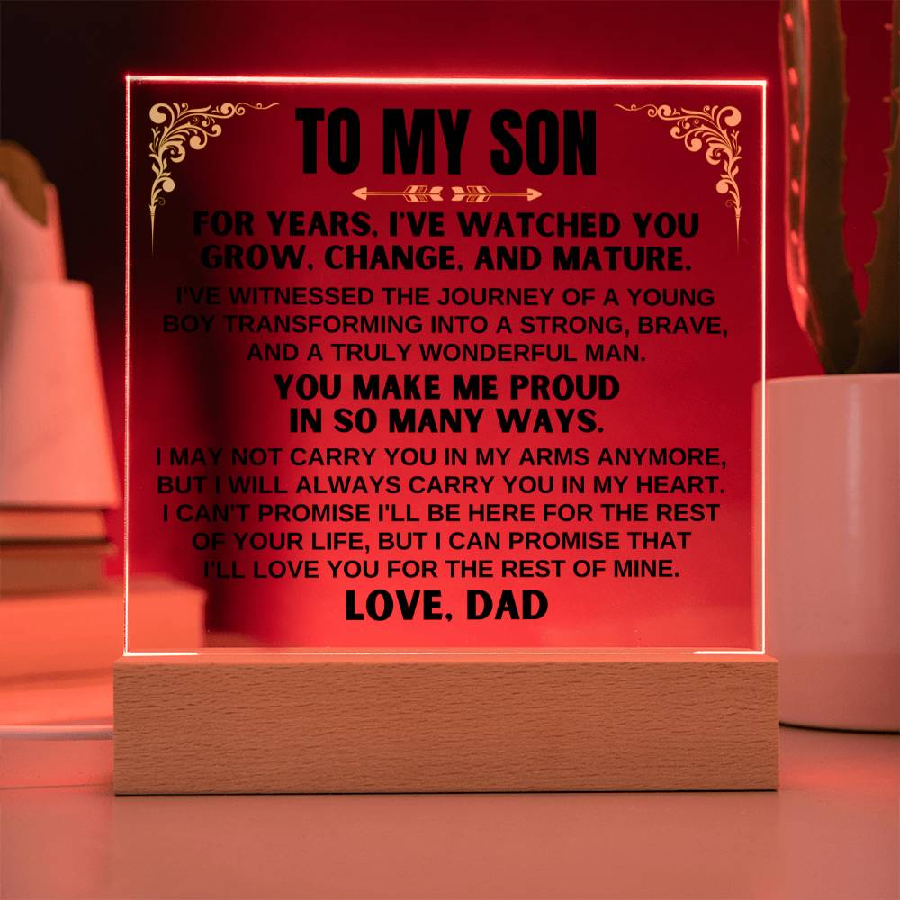 Unique Gift for Son from Dad - Acrylic Plaque with LED-Lit Wooden Base - AC35D