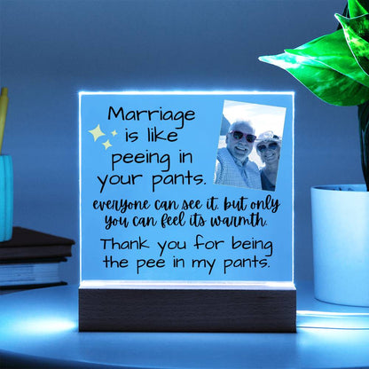 Marriage Is Like Peeing In Your Pants - Custom Acrylic w/ LED Light Wood Stand - AC36