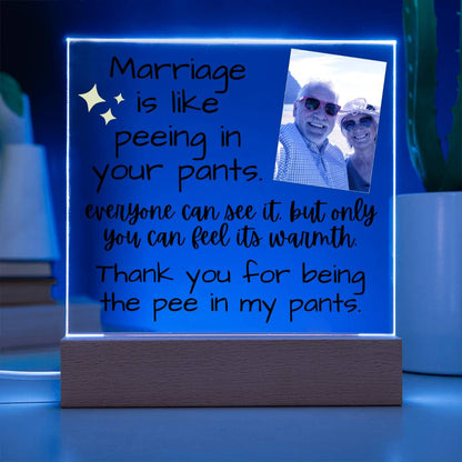 Marriage Is Like Peeing In Your Pants - Custom Acrylic w/ LED Light Wood Stand - AC36