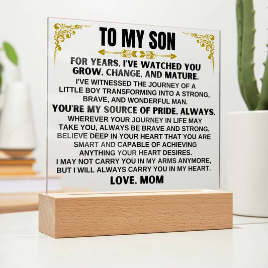 Unique Gift for Son from Mom - Acrylic Plaque with LED-Lit Wooden Base - AC32