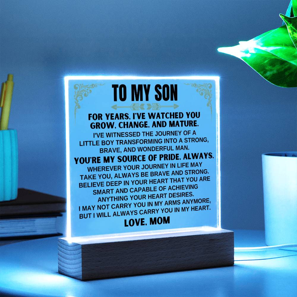 Unique Gift for Son from Mom - Acrylic Plaque with LED-Lit Wooden Base - AC32