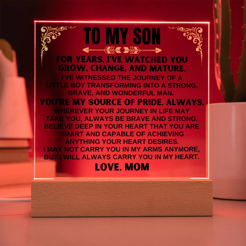 Unique Gift for Son from Mom - Acrylic Plaque with LED-Lit Wooden Base - AC32