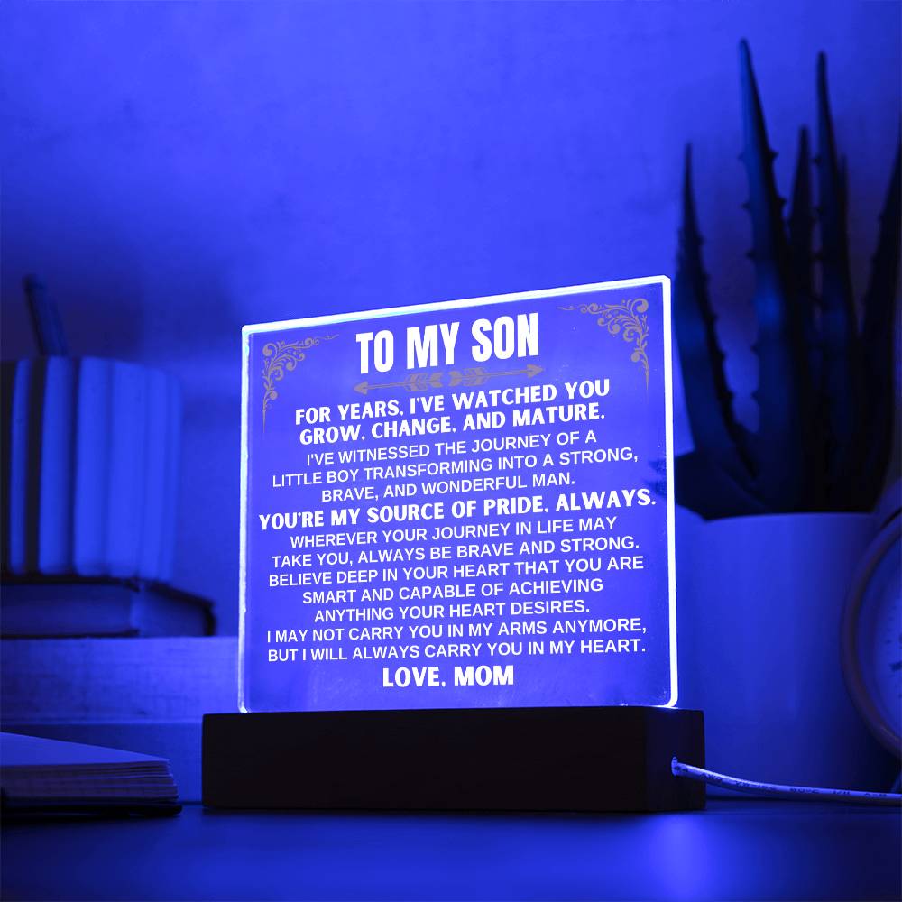 Unique Gift for Son from Mom - Acrylic Plaque with LED-Lit Wooden Base - AC32W