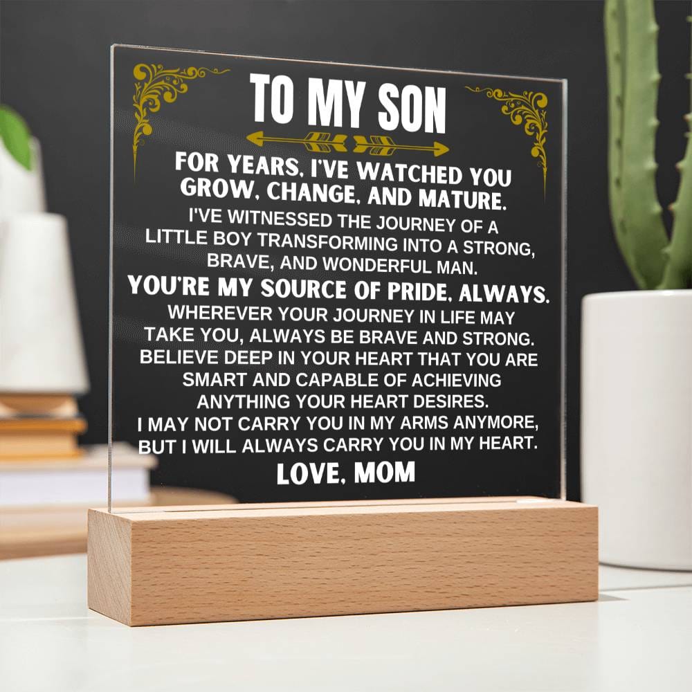 Unique Gift for Son from Mom - Acrylic Plaque with LED-Lit Wooden Base - AC32W