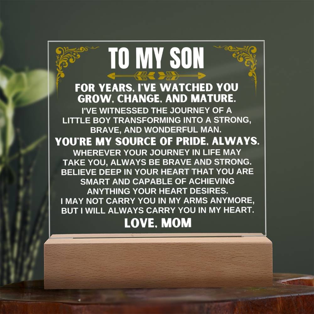 Unique Gift for Son from Mom - Acrylic Plaque with LED-Lit Wooden Base - AC32W