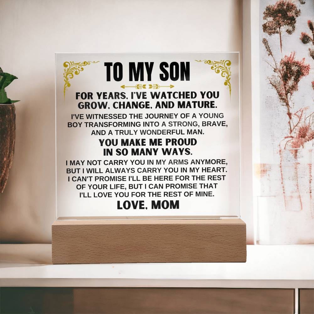 Unique Gift for Son from Mom - Acrylic Plaque with LED-Lit Wooden Base - AC35