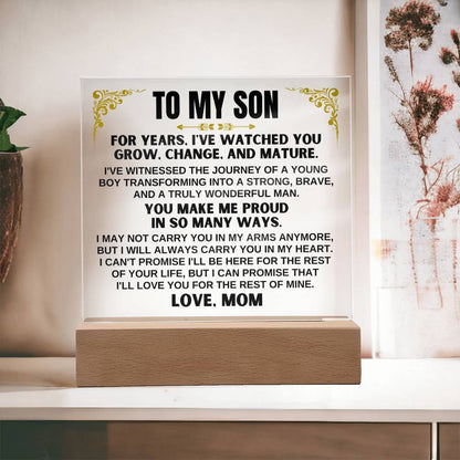 Unique Gift for Son from Mom - Acrylic Plaque with LED-Lit Wooden Base - AC35