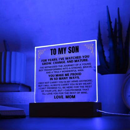 Unique Gift for Son from Mom - Acrylic Plaque with LED-Lit Wooden Base - AC35