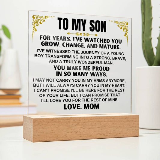 Unique Gift for Son from Mom - Acrylic Plaque with LED-Lit Wooden Base - AC35