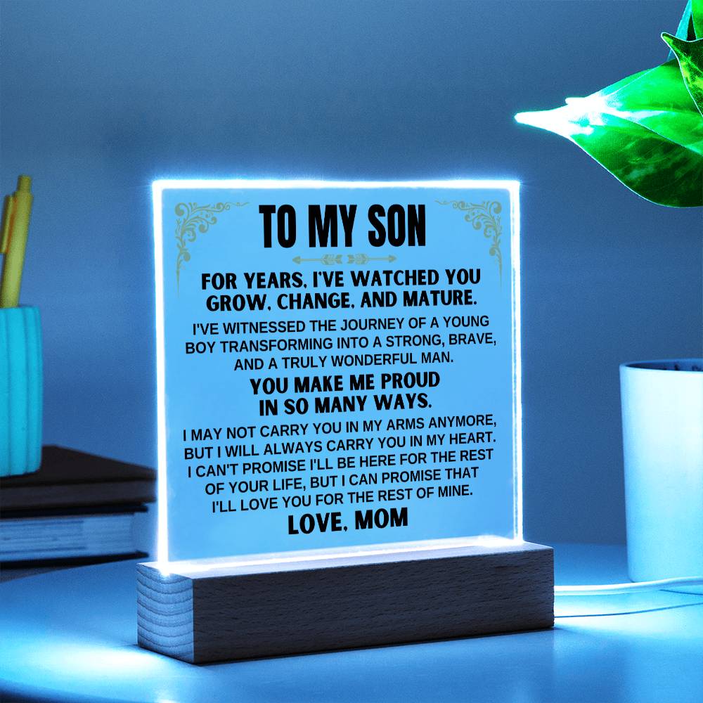 Unique Gift for Son from Mom - Acrylic Plaque with LED-Lit Wooden Base - AC35
