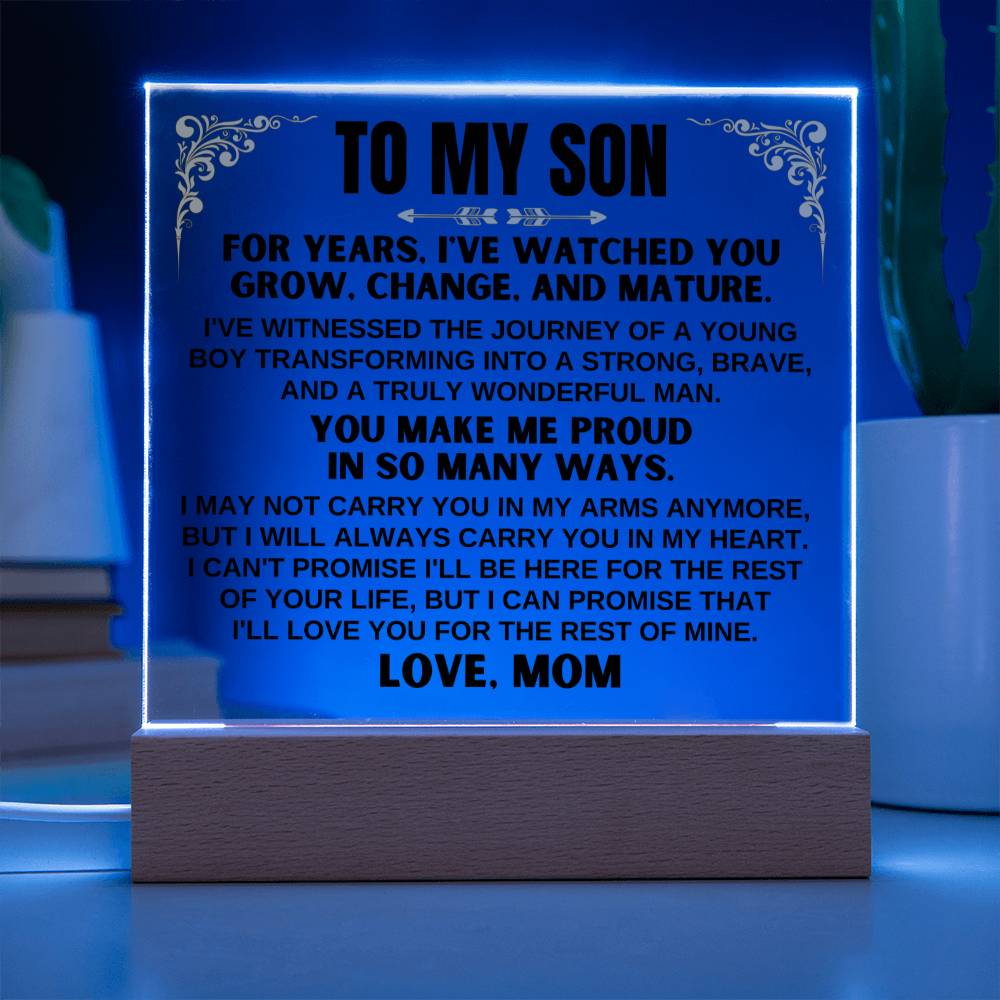 Unique Gift for Son from Mom - Acrylic Plaque with LED-Lit Wooden Base - AC35