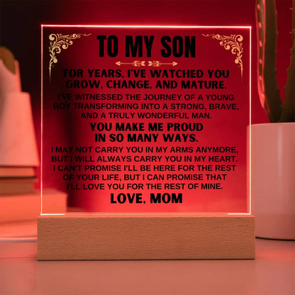 Unique Gift for Son from Mom - Acrylic Plaque with LED-Lit Wooden Base - AC35