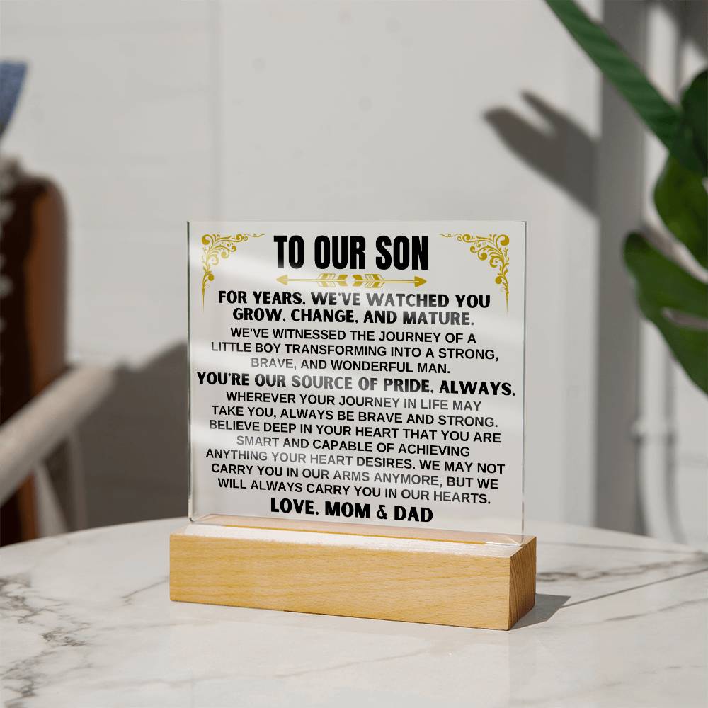 Unique Gift for Son from Mom & Dad - Acrylic Plaque with LED-Lit Wooden Base - AC32