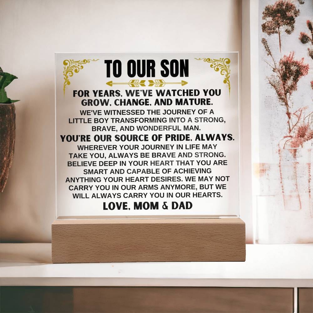 Unique Gift for Son from Mom & Dad - Acrylic Plaque with LED-Lit Wooden Base - AC32