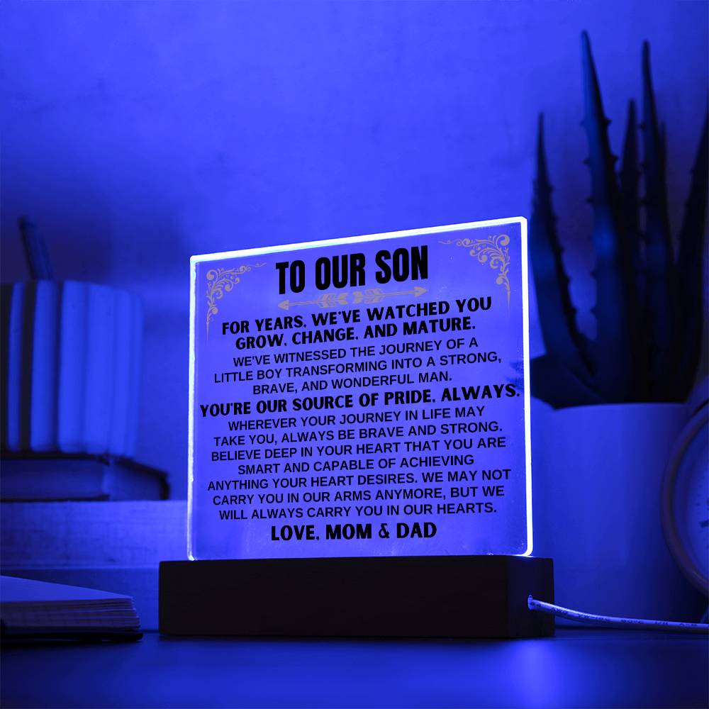 Unique Gift for Son from Mom & Dad - Acrylic Plaque with LED-Lit Wooden Base - AC32