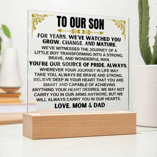 Unique Gift for Son from Mom & Dad - Acrylic Plaque with LED-Lit Wooden Base - AC32