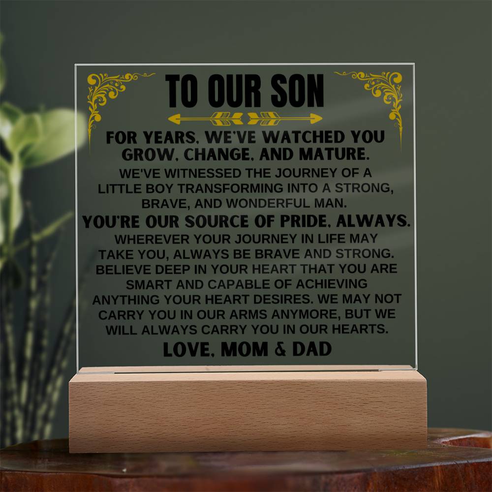 Unique Gift for Son from Mom & Dad - Acrylic Plaque with LED-Lit Wooden Base - AC32