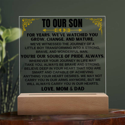 Unique Gift for Son from Mom & Dad - Acrylic Plaque with LED-Lit Wooden Base - AC32