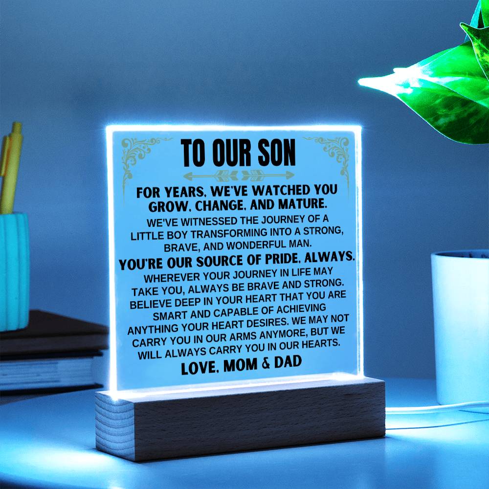 Unique Gift for Son from Mom & Dad - Acrylic Plaque with LED-Lit Wooden Base - AC32