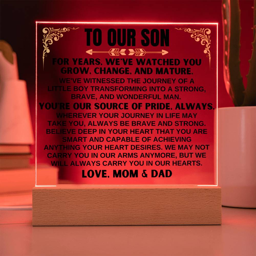 Unique Gift for Son from Mom & Dad - Acrylic Plaque with LED-Lit Wooden Base - AC32