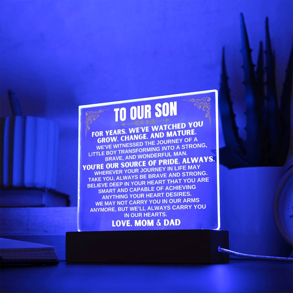 Unique Gift for Son from Mom & Dad - Acrylic Plaque with LED-Lit Wooden Base - AC32MD