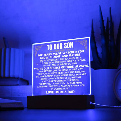 Unique Gift for Son from Mom & Dad - Acrylic Plaque with LED-Lit Wooden Base - AC32MD