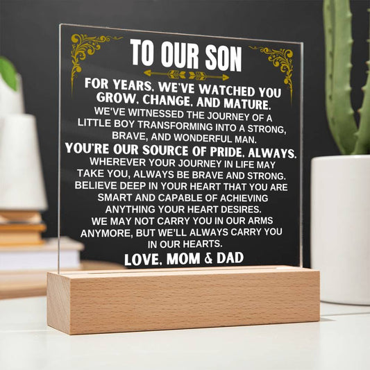 Unique Gift for Son from Mom & Dad - Acrylic Plaque with LED-Lit Wooden Base - AC32MD