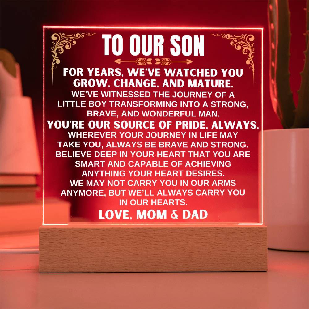 Unique Gift for Son from Mom & Dad - Acrylic Plaque with LED-Lit Wooden Base - AC32MD