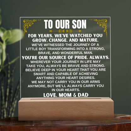Unique Gift for Son from Mom & Dad - Acrylic Plaque with LED-Lit Wooden Base - AC32MD