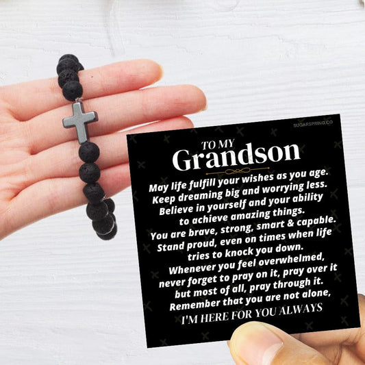 To My Grandson - Volcanic Bead Cross Bracelet Set - SS358